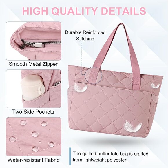 Pink Women's Quilted Puffer Tote Bag 15.6inch Travel Work with Pouch - Picture 7 of 7